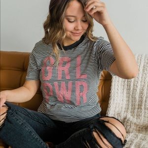 girl power black and white striped graphic tee